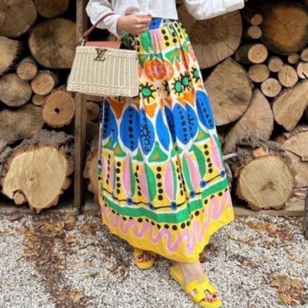 ZARA Colorful Bright Cotton Abstract Batik African Print Pleated Maxi Skirt NWT - Picture 6 of 13